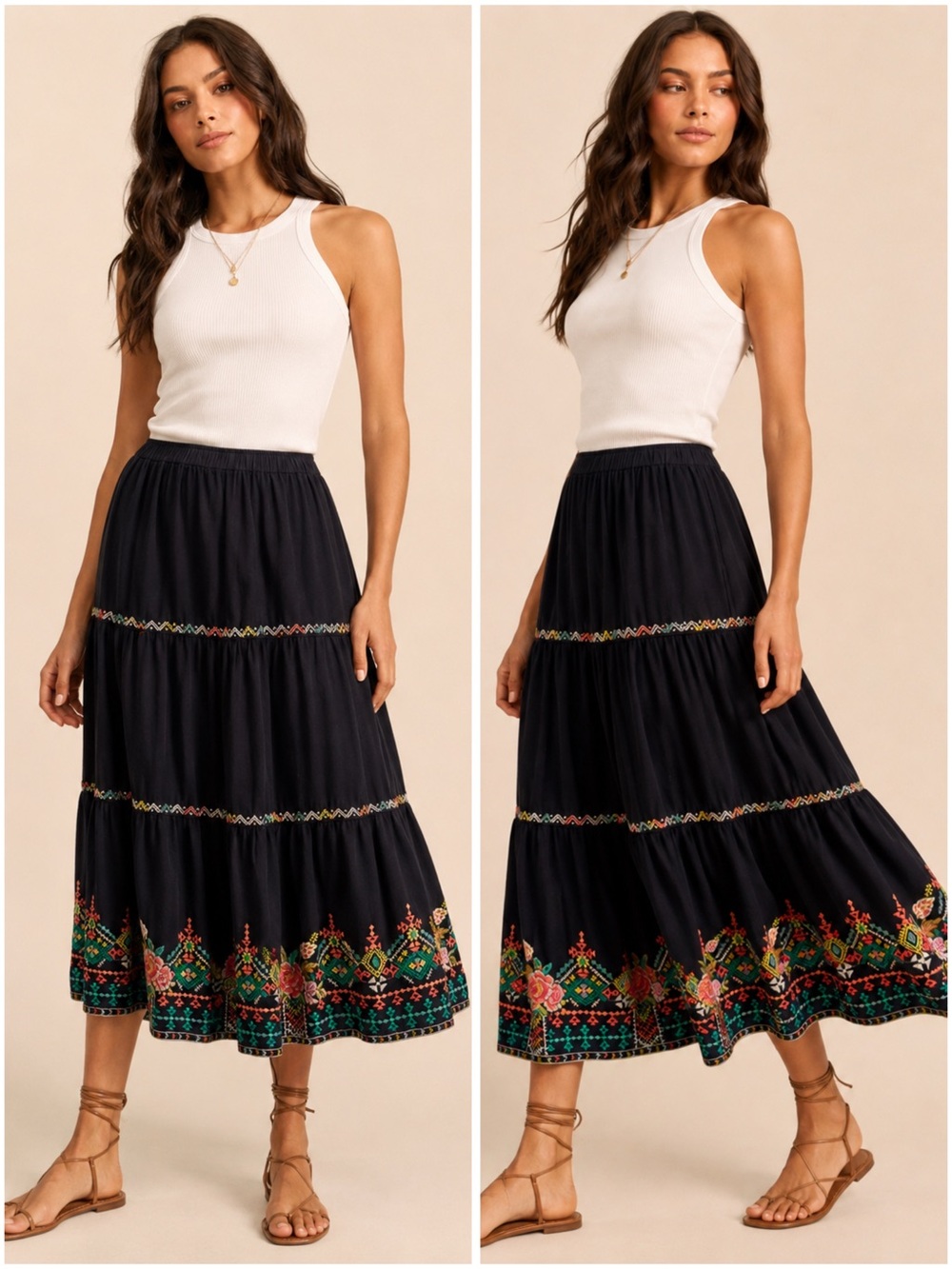 Johnny Was Black Embroidered Midi Skirt Boho Floral Linen Tiered Long Size XS